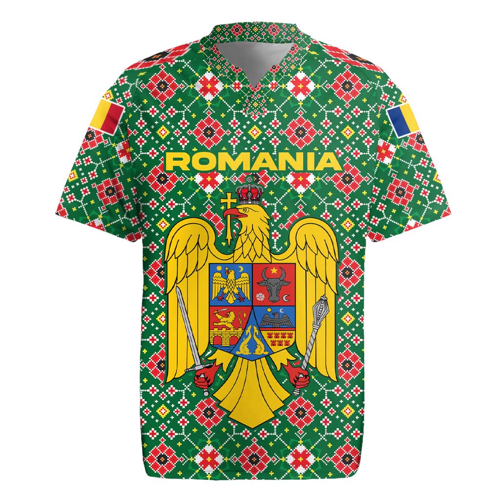 Romania Christmas Rugby Jersey with Green and Red Pattern Golden Eagle and Santa Motif - Wonder Print Shop