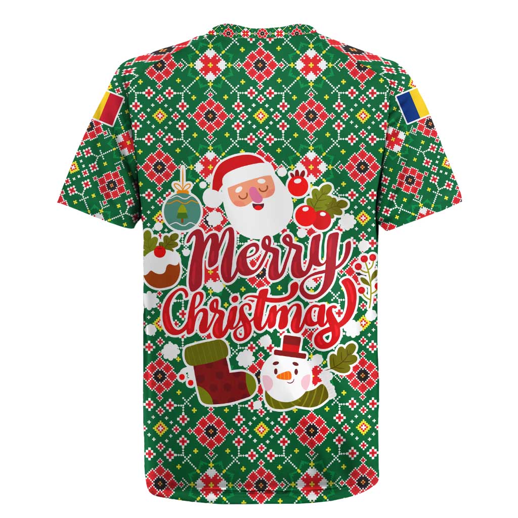 Romania Christmas Rugby Jersey with Green and Red Pattern Golden Eagle and Santa Motif - Wonder Print Shop
