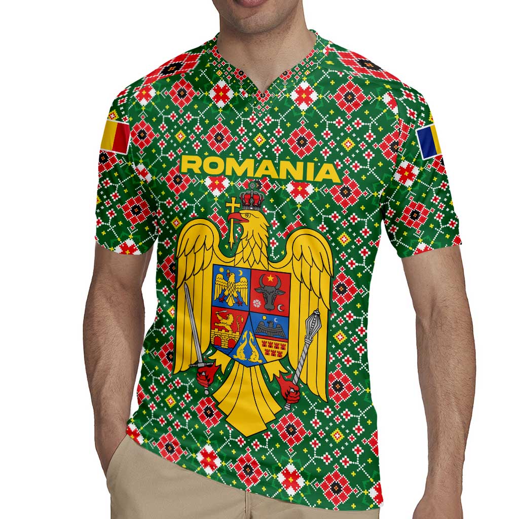 Romania Christmas Rugby Jersey with Green and Red Pattern Golden Eagle and Santa Motif - Wonder Print Shop