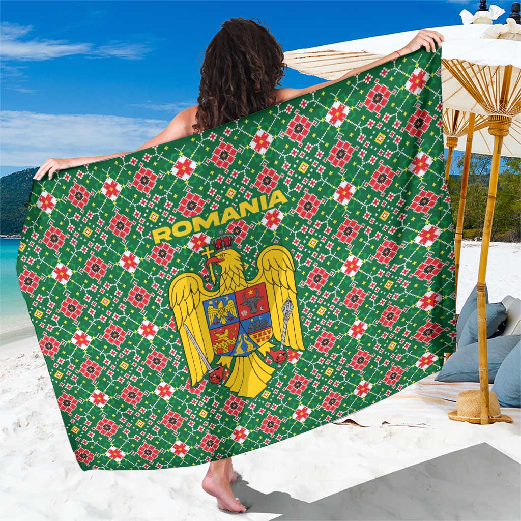 Romania Christmas Sarong with Green and Red Pattern Golden Eagle and Santa Motif - Wonder Print Shop