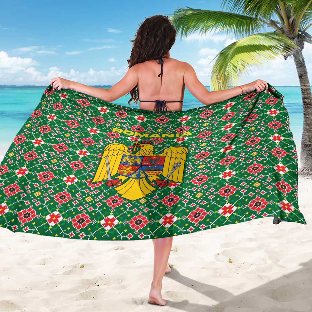 Romania Christmas Sarong with Green and Red Pattern Golden Eagle and Santa Motif - Wonder Print Shop