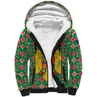 Romania Christmas Sherpa Hoodie with Green and Red Pattern Golden Eagle and Santa Motif - Wonder Print Shop