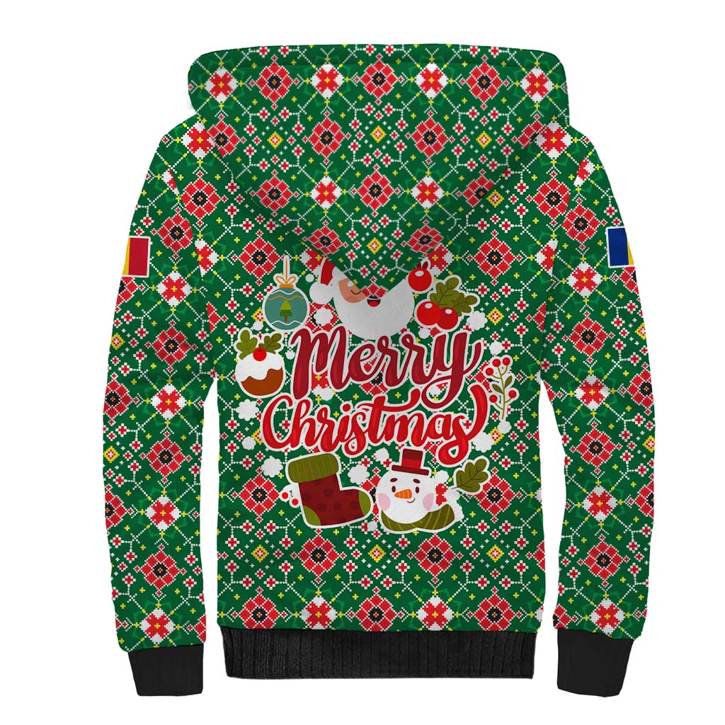 Romania Christmas Sherpa Hoodie with Green and Red Pattern Golden Eagle and Santa Motif - Wonder Print Shop