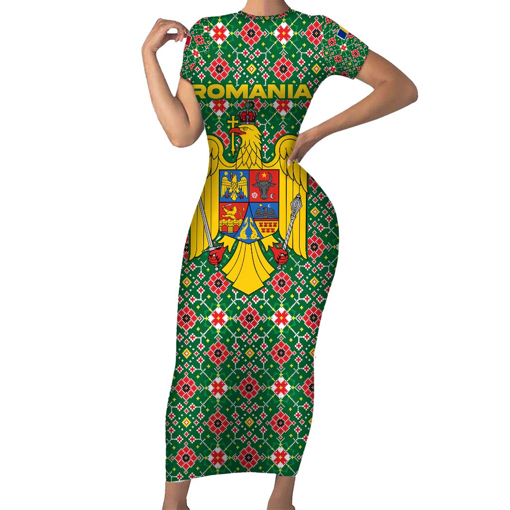 Romania Christmas Short Sleeve Bodycon Dress with Green and Red Pattern Golden Eagle and Santa Motif - Wonder Print Shop