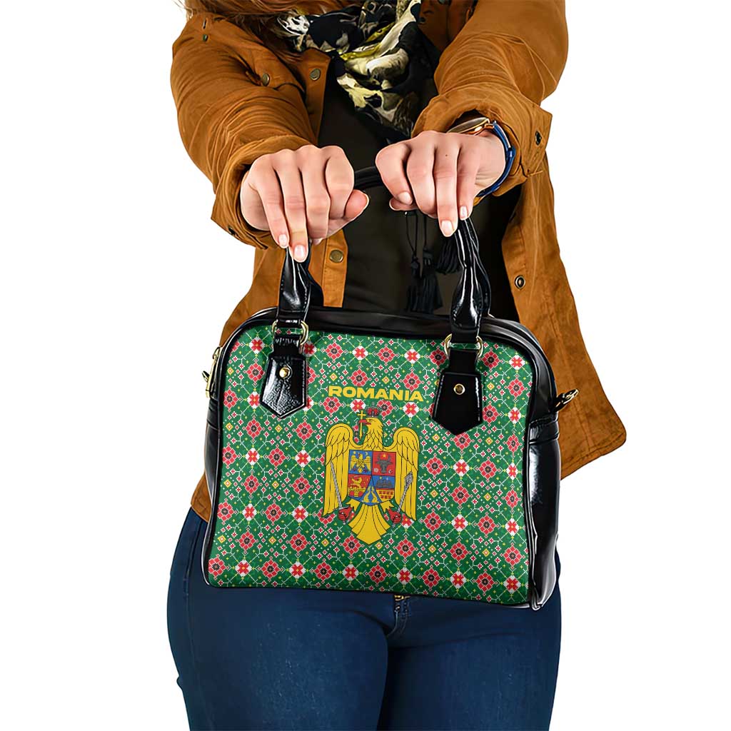 Romania Christmas Shoulder Handbag with Green and Red Pattern Golden Eagle and Santa Motif - Wonder Print Shop