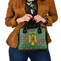 Romania Christmas Shoulder Handbag with Green and Red Pattern Golden Eagle and Santa Motif - Wonder Print Shop