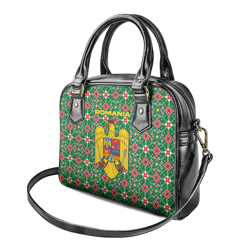 Romania Christmas Shoulder Handbag with Green and Red Pattern Golden Eagle and Santa Motif - Wonder Print Shop