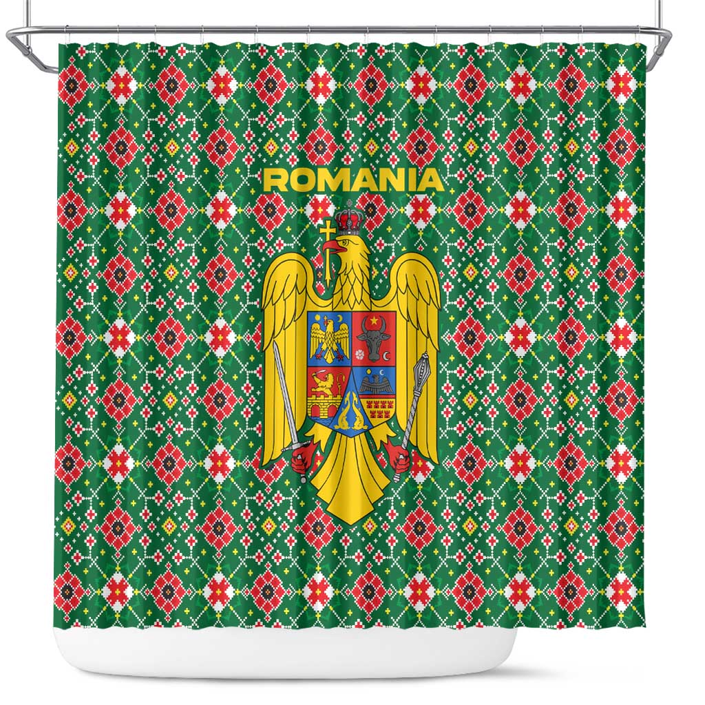 Romania Christmas Shower Curtain with Green and Red Pattern Golden Eagle and Santa Motif - Wonder Print Shop