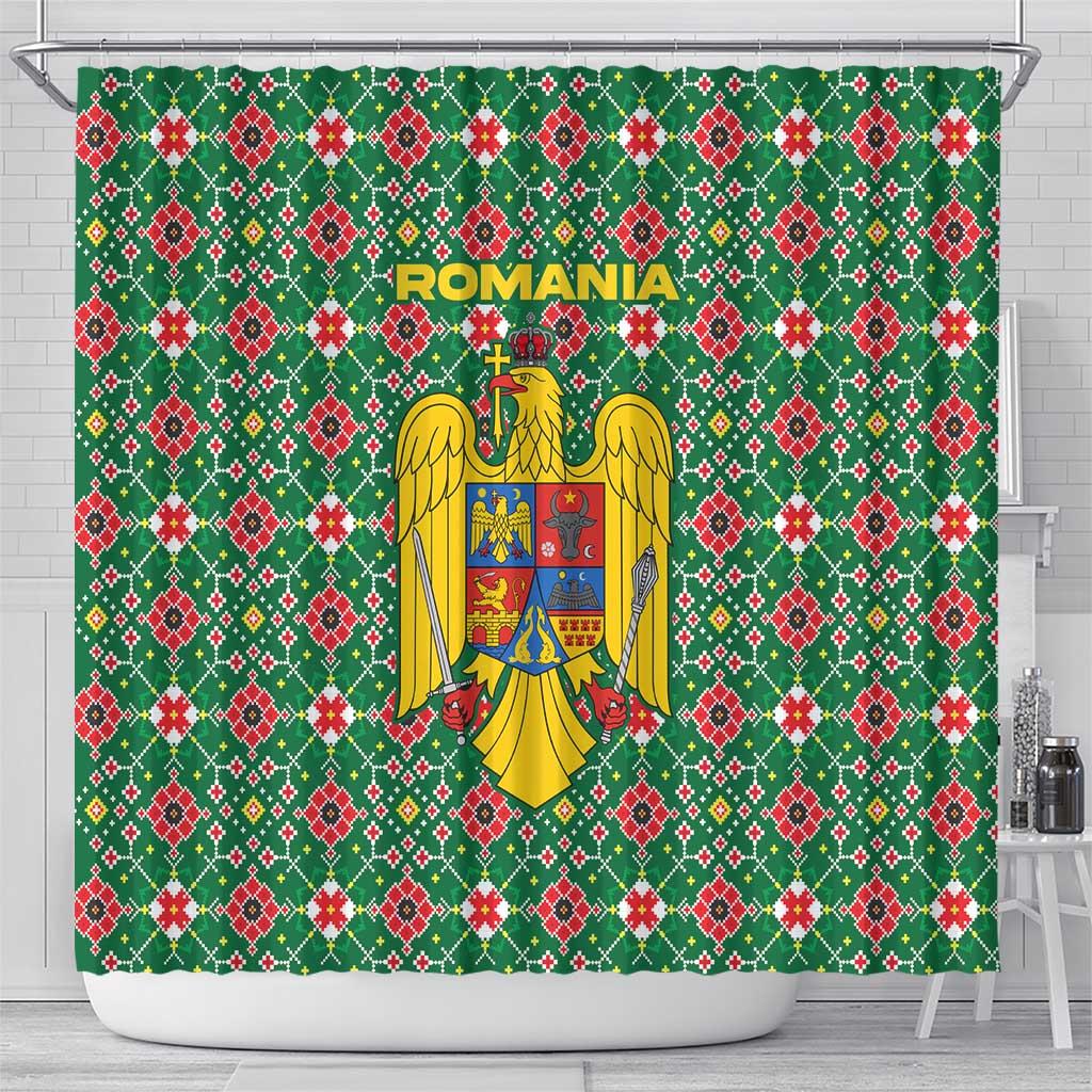 Romania Christmas Shower Curtain with Green and Red Pattern Golden Eagle and Santa Motif - Wonder Print Shop
