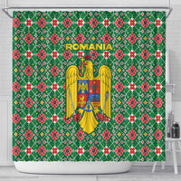 Romania Christmas Shower Curtain with Green and Red Pattern Golden Eagle and Santa Motif - Wonder Print Shop