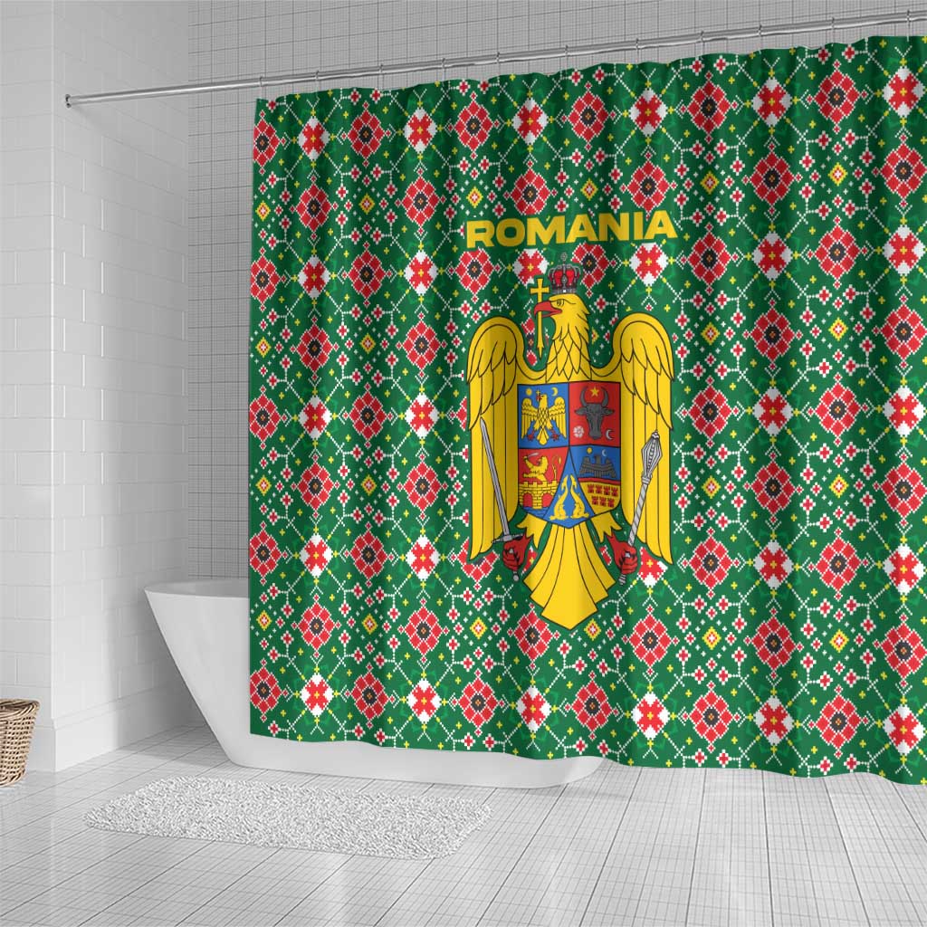 Romania Christmas Shower Curtain with Green and Red Pattern Golden Eagle and Santa Motif - Wonder Print Shop