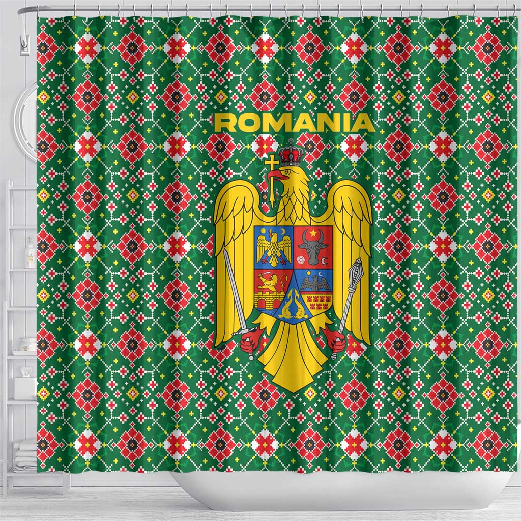 Romania Christmas Shower Curtain with Green and Red Pattern Golden Eagle and Santa Motif - Wonder Print Shop
