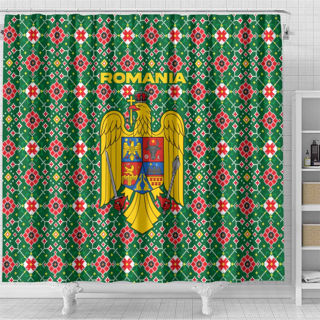 Romania Christmas Shower Curtain with Green and Red Pattern Golden Eagle and Santa Motif - Wonder Print Shop