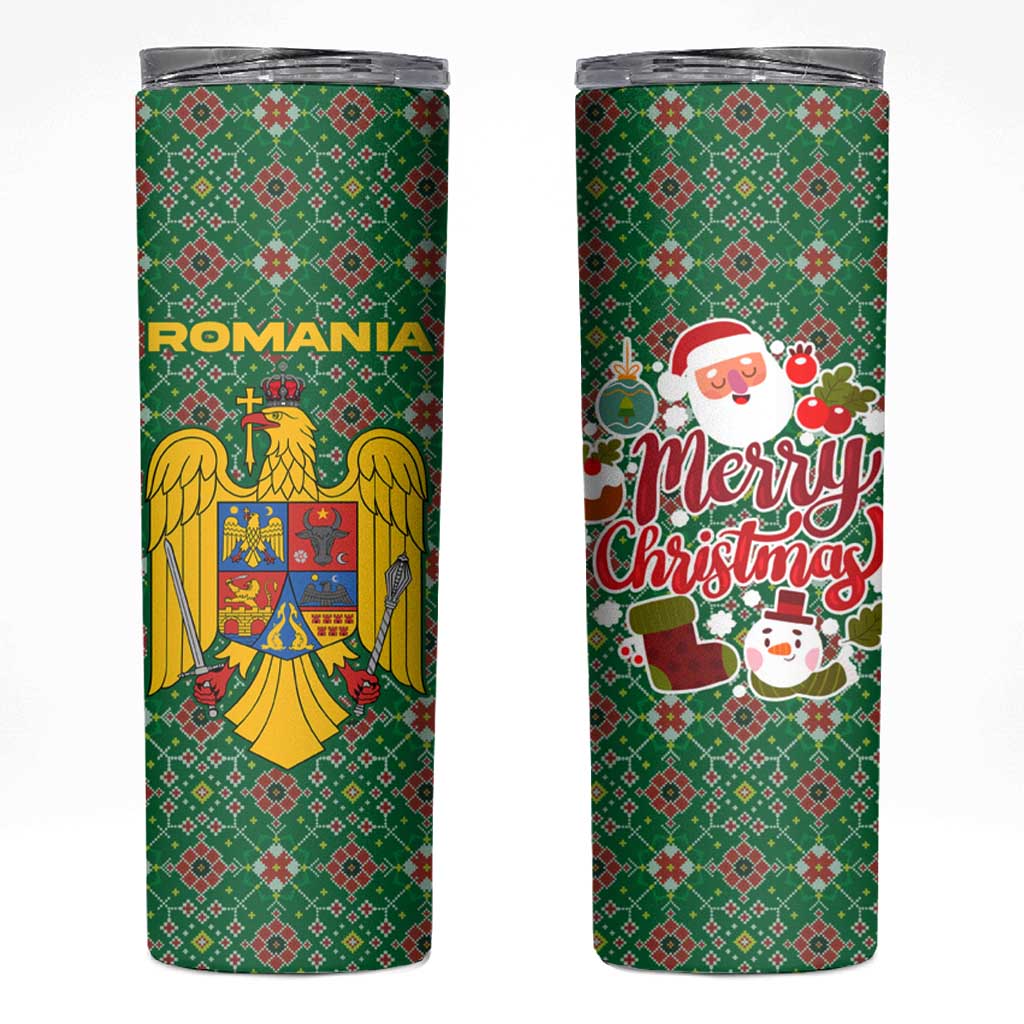 Romania Christmas Skinny Tumbler with Green and Red Pattern Golden Eagle and Santa Motif - Wonder Print Shop