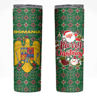 Romania Christmas Skinny Tumbler with Green and Red Pattern Golden Eagle and Santa Motif - Wonder Print Shop