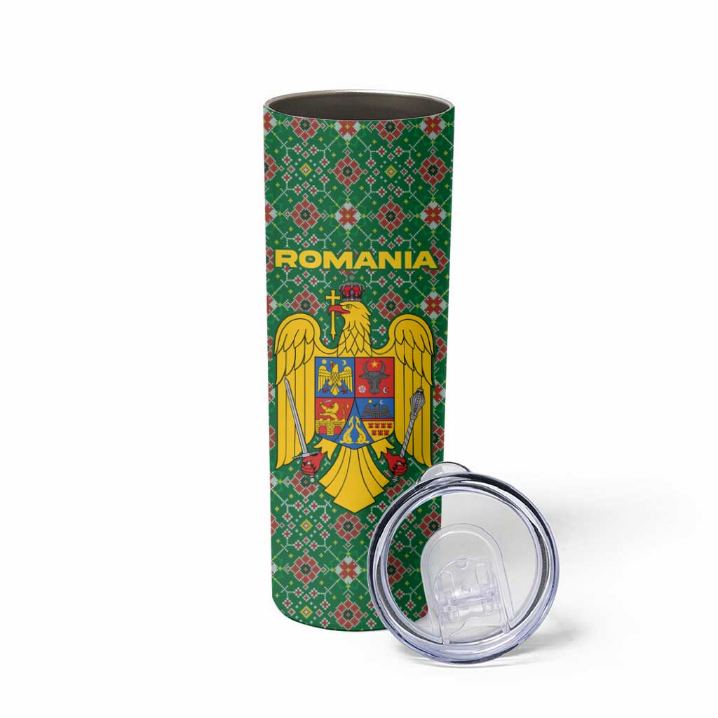 Romania Christmas Skinny Tumbler with Green and Red Pattern Golden Eagle and Santa Motif - Wonder Print Shop