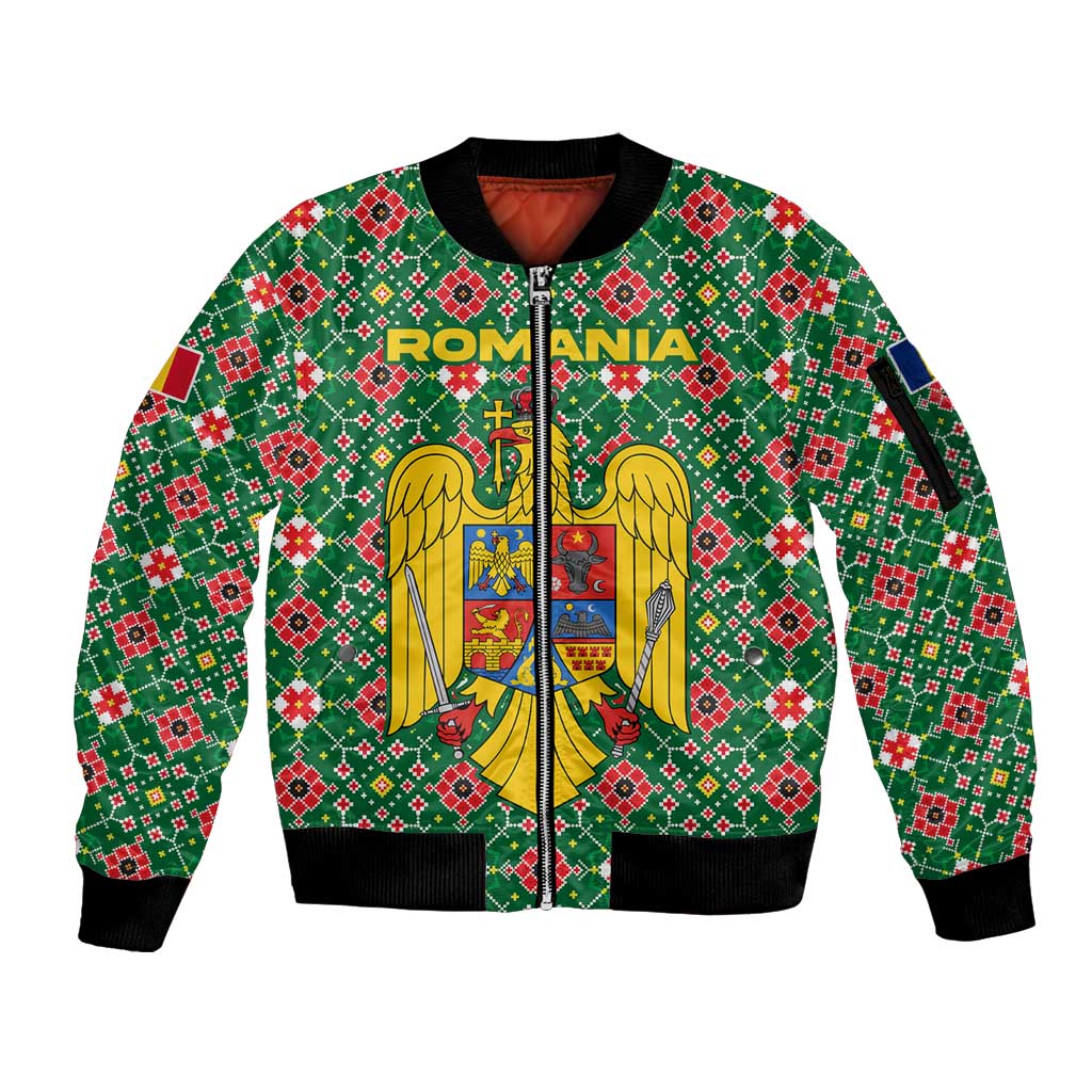 Romania Christmas Sleeve Zip Bomber Jacket with Green and Red Pattern Golden Eagle and Santa Motif - Wonder Print Shop