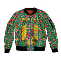 Romania Christmas Sleeve Zip Bomber Jacket with Green and Red Pattern Golden Eagle and Santa Motif - Wonder Print Shop