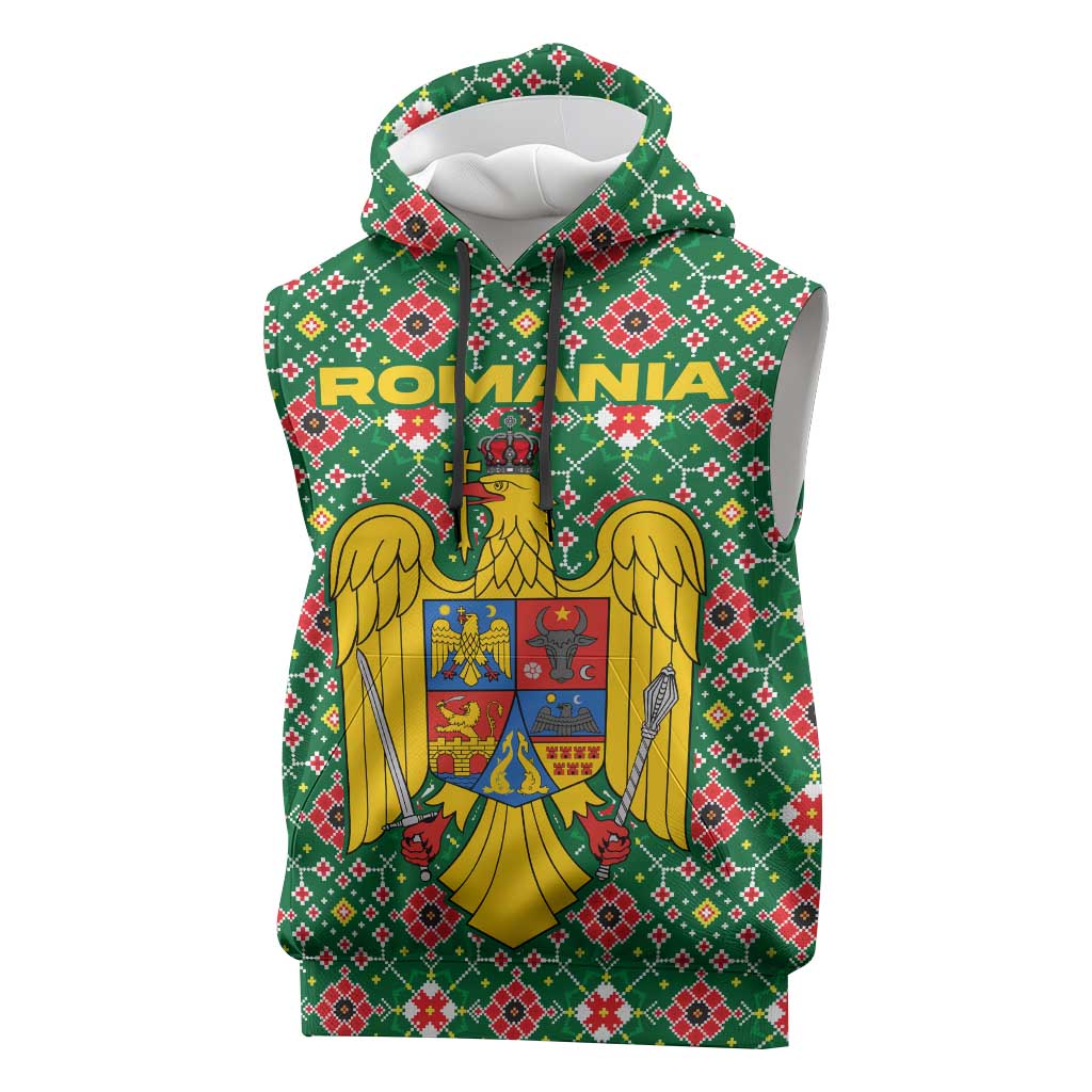 Romania Christmas Sleeveless Hoodie with Green and Red Pattern Golden Eagle and Santa Motif - Wonder Print Shop