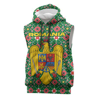 Romania Christmas Sleeveless Hoodie with Green and Red Pattern Golden Eagle and Santa Motif - Wonder Print Shop