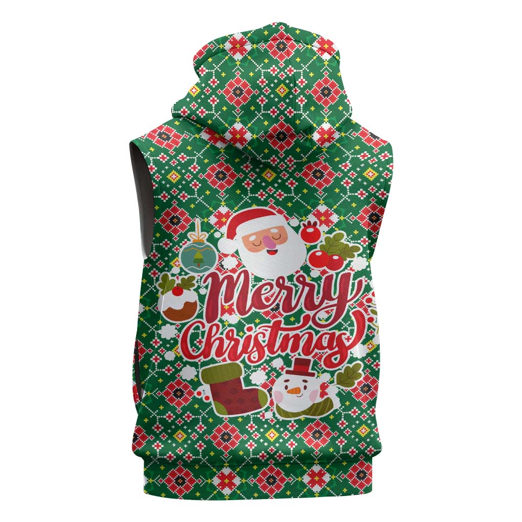 Romania Christmas Sleeveless Hoodie with Green and Red Pattern Golden Eagle and Santa Motif - Wonder Print Shop