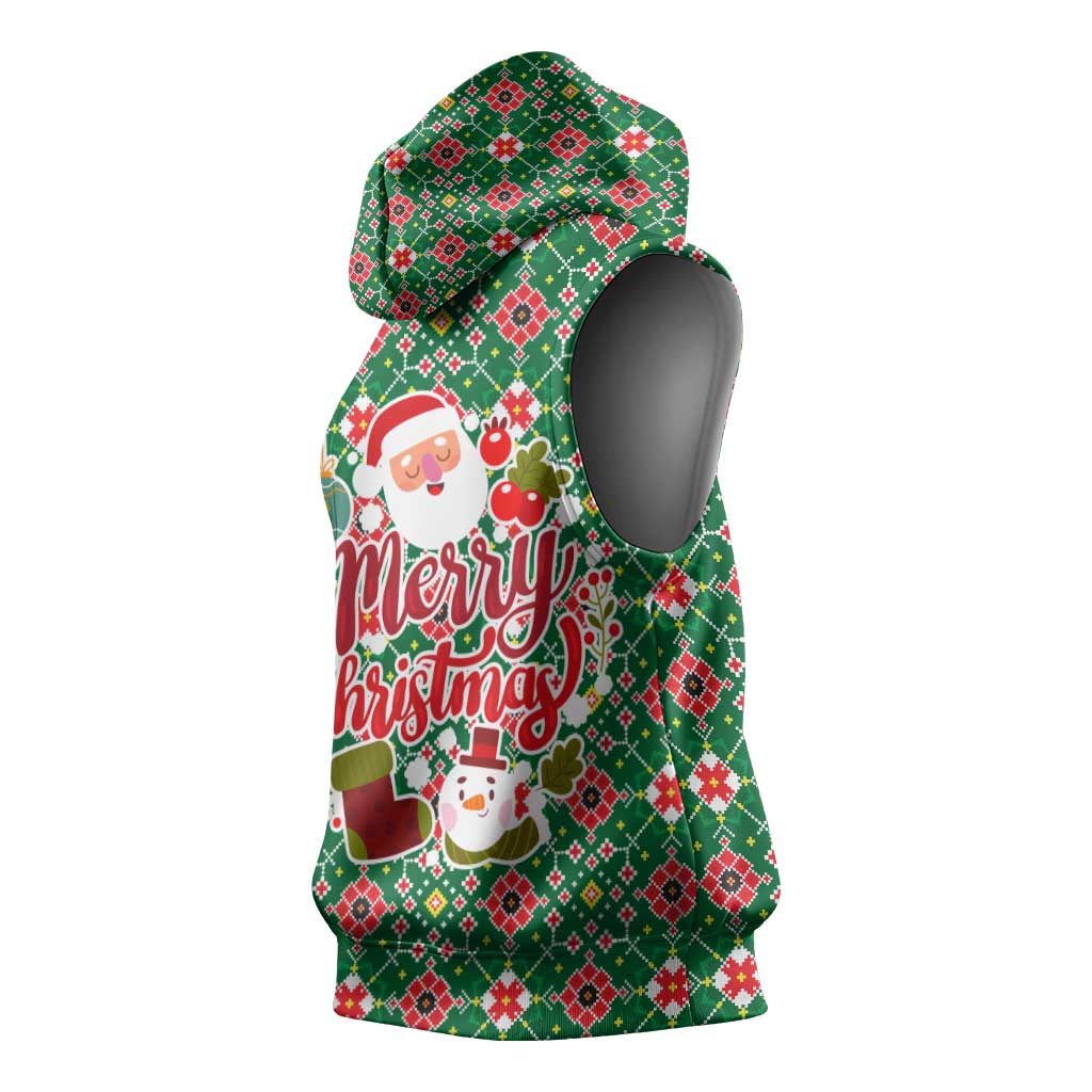 Romania Christmas Sleeveless Hoodie with Green and Red Pattern Golden Eagle and Santa Motif - Wonder Print Shop