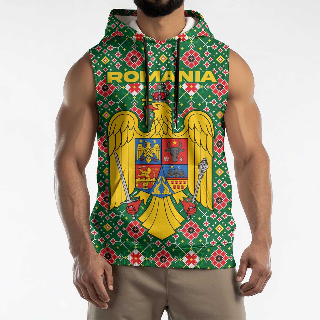 Romania Christmas Sleeveless Hoodie with Green and Red Pattern Golden Eagle and Santa Motif - Wonder Print Shop