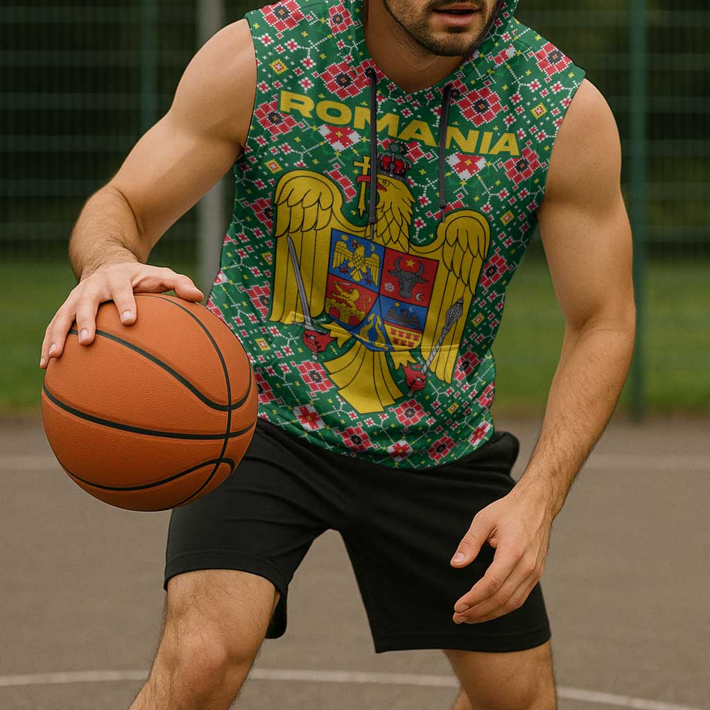 Romania Christmas Sleeveless Hoodie with Green and Red Pattern Golden Eagle and Santa Motif - Wonder Print Shop