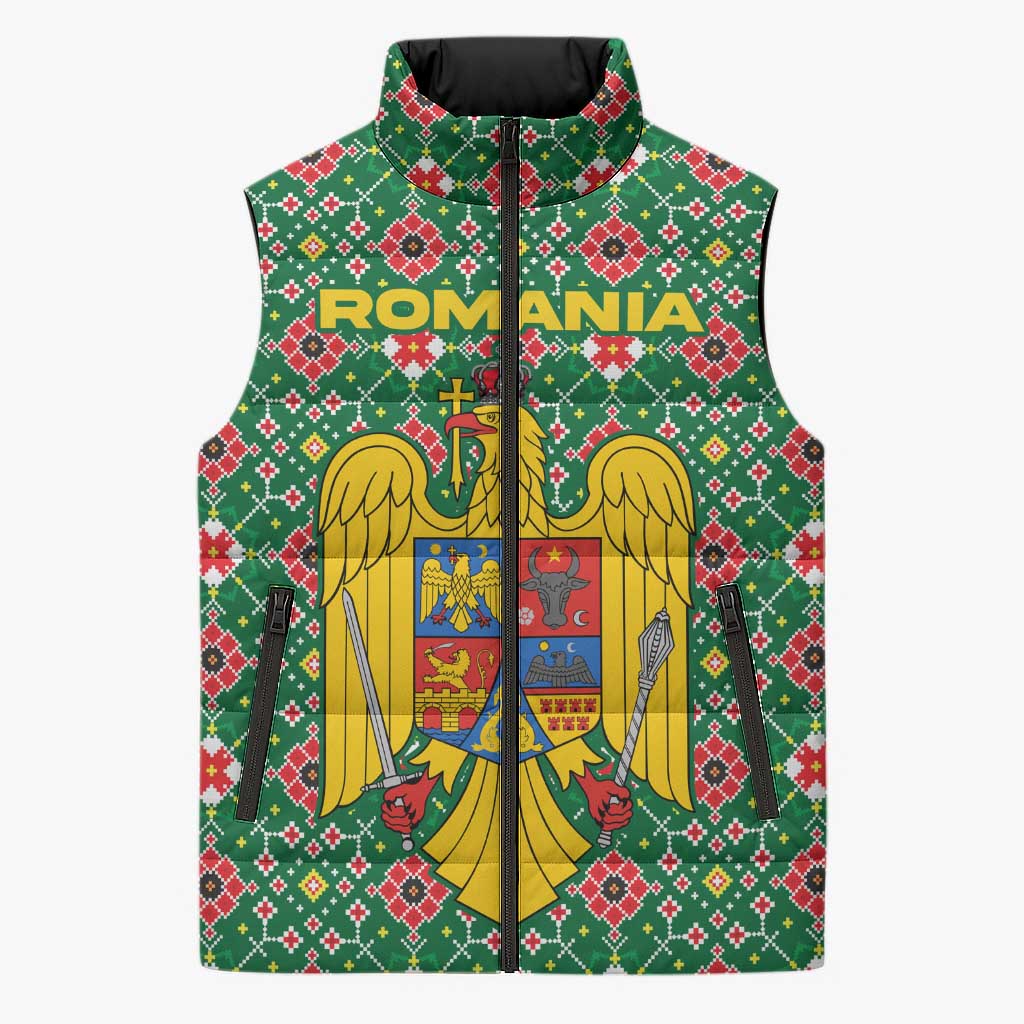 Romania Christmas Sleeveless Puffer Jacket with Green and Red Pattern Golden Eagle and Santa Motif - Wonder Print Shop