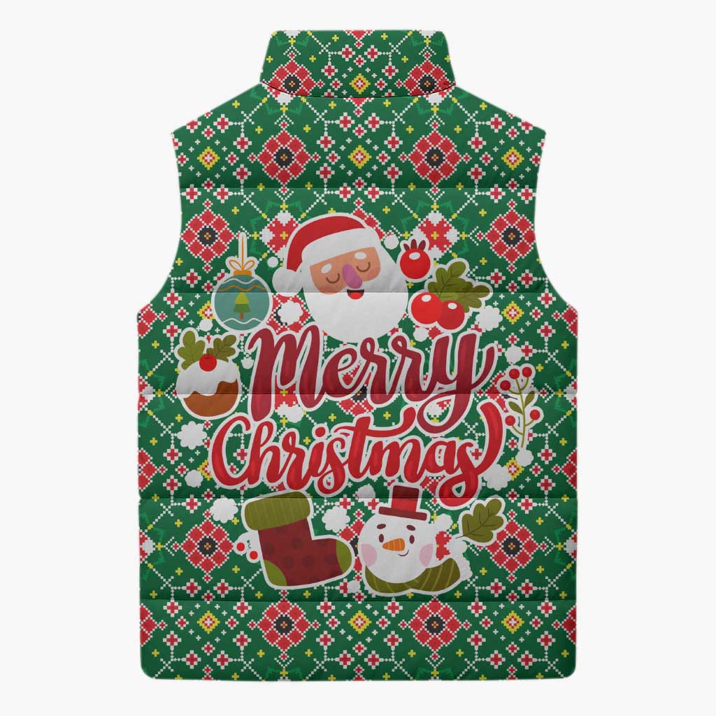 Romania Christmas Sleeveless Puffer Jacket with Green and Red Pattern Golden Eagle and Santa Motif - Wonder Print Shop