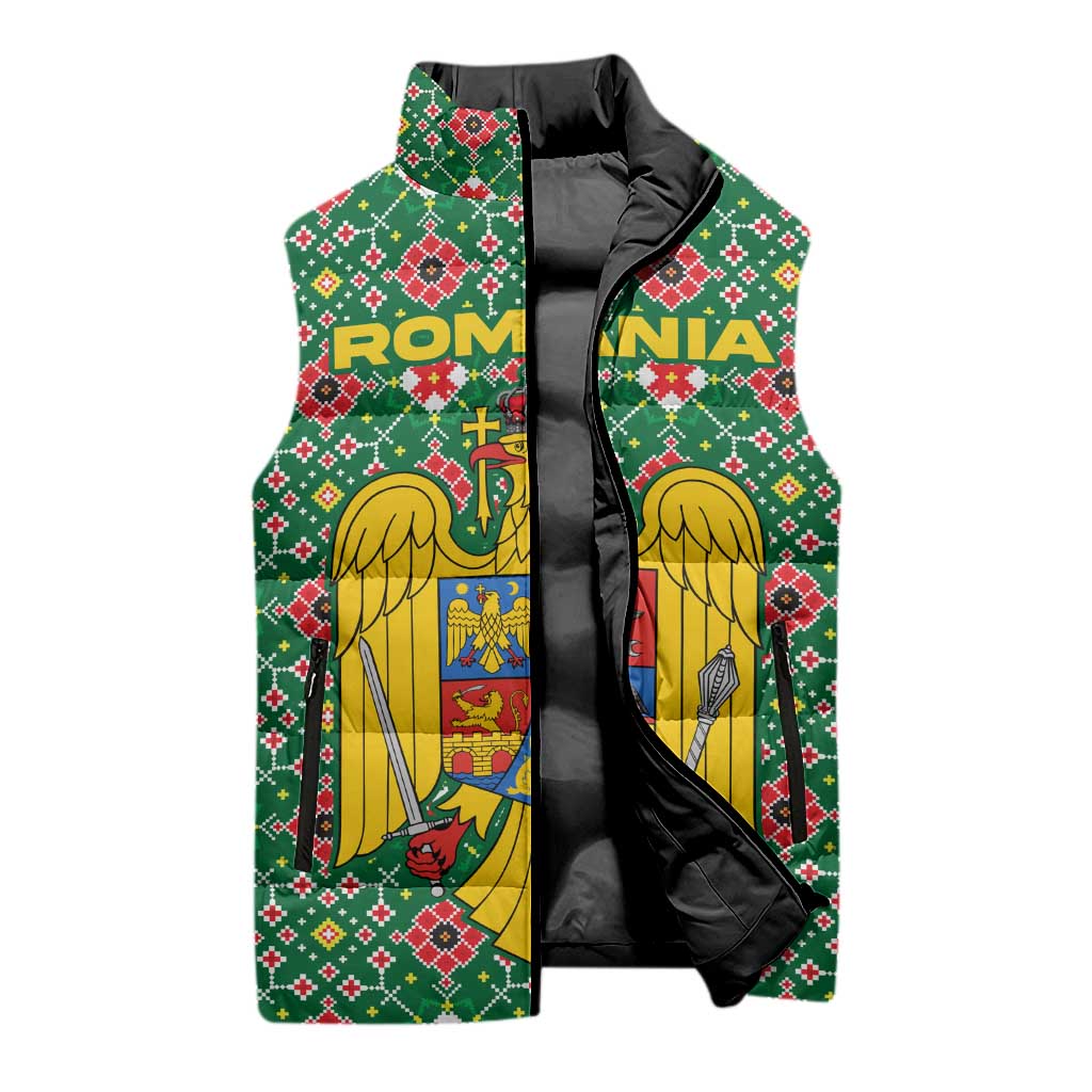 Romania Christmas Sleeveless Puffer Jacket with Green and Red Pattern Golden Eagle and Santa Motif - Wonder Print Shop