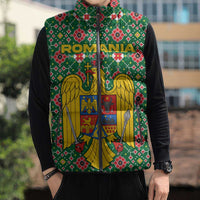 Romania Christmas Sleeveless Puffer Jacket with Green and Red Pattern Golden Eagle and Santa Motif - Wonder Print Shop