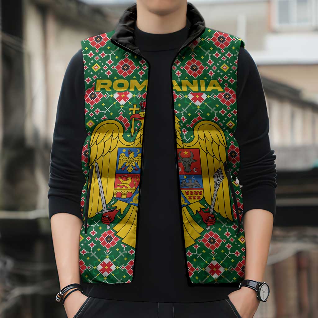 Romania Christmas Sleeveless Puffer Jacket with Green and Red Pattern Golden Eagle and Santa Motif - Wonder Print Shop
