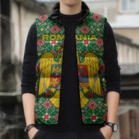 Romania Christmas Sleeveless Puffer Jacket with Green and Red Pattern Golden Eagle and Santa Motif - Wonder Print Shop
