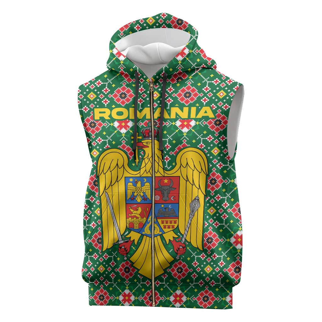 Romania Christmas Sleeveless Zip Hoodie with Green and Red Pattern Golden Eagle and Santa Motif - Wonder Print Shop