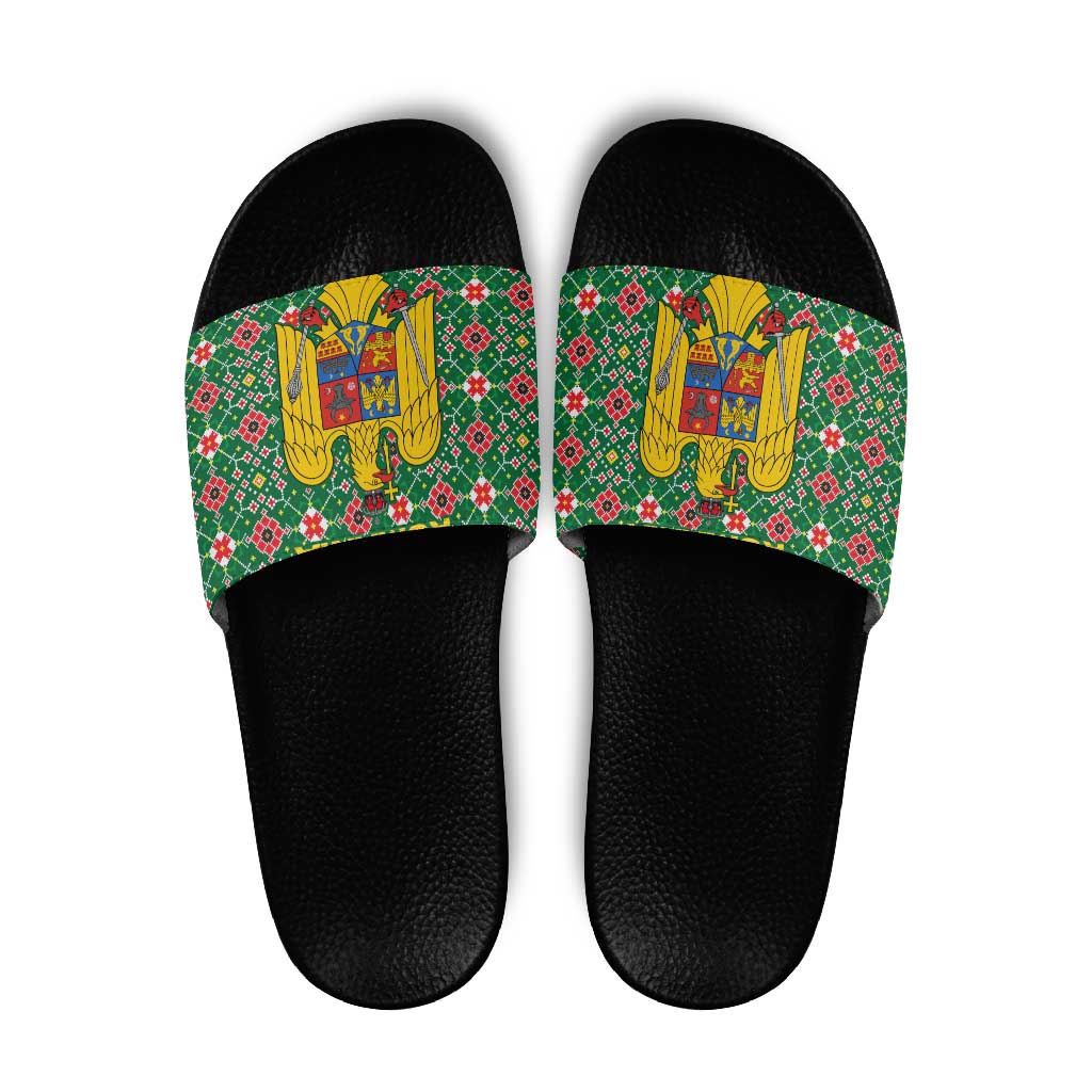 Romania Christmas Slide Sandals with Green and Red Pattern Golden Eagle and Santa Motif - Wonder Print Shop