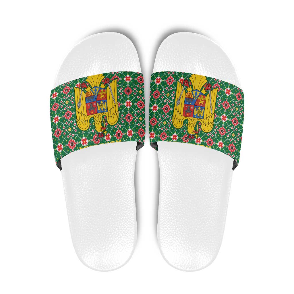 Romania Christmas Slide Sandals with Green and Red Pattern Golden Eagle and Santa Motif - Wonder Print Shop
