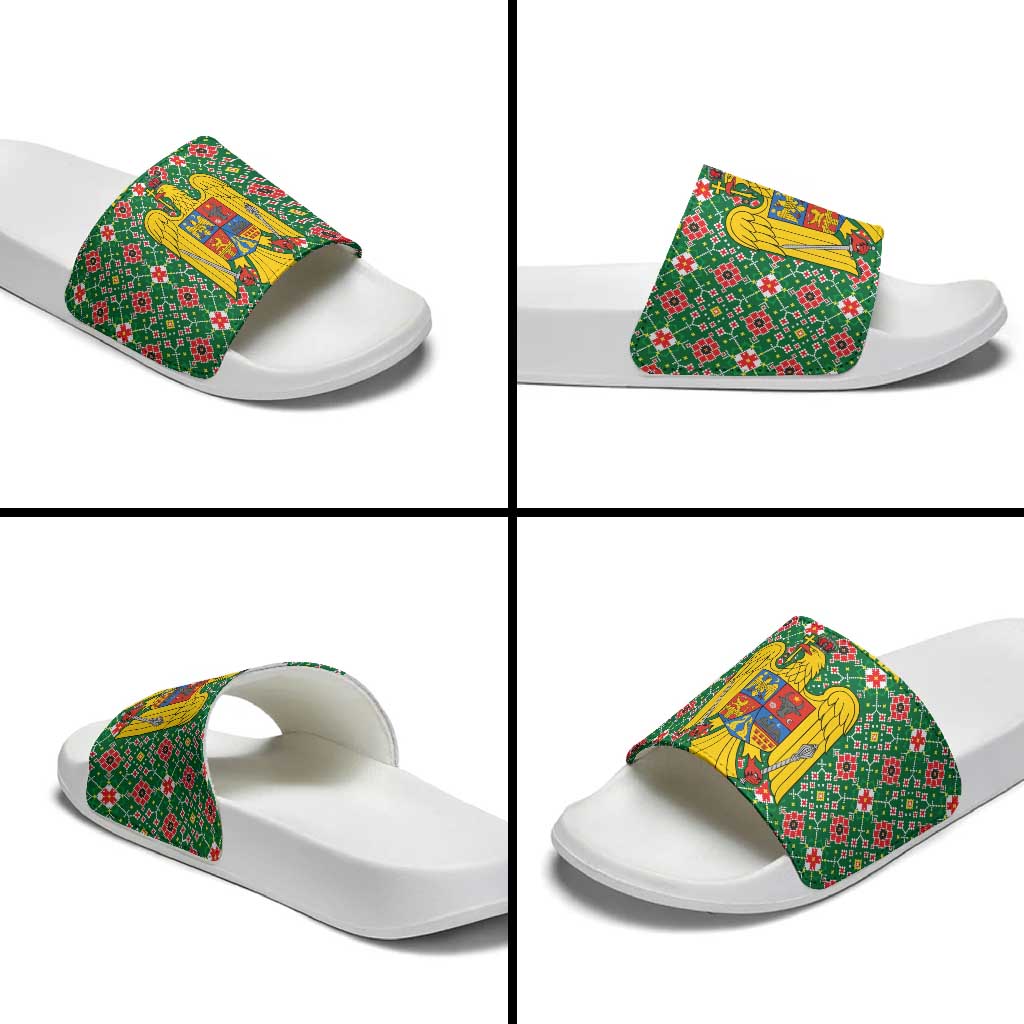 Romania Christmas Slide Sandals with Green and Red Pattern Golden Eagle and Santa Motif - Wonder Print Shop