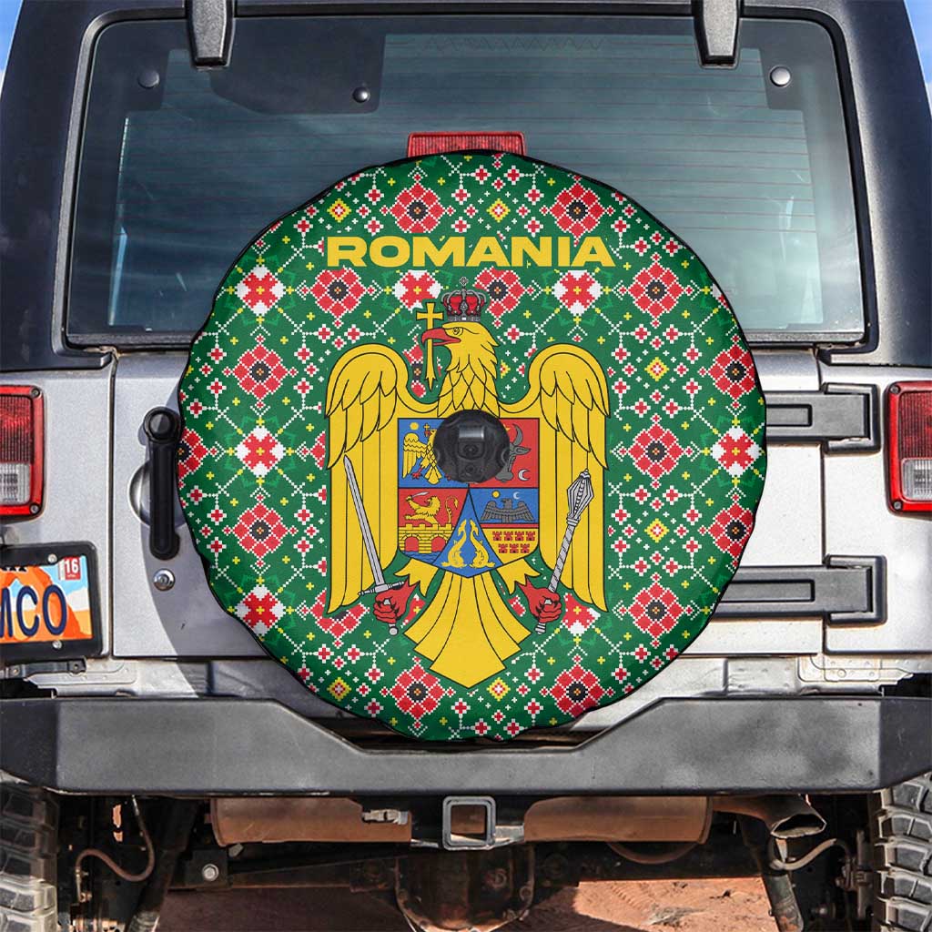 Romania Christmas Spare Tire Cover with Green and Red Pattern Golden Eagle and Santa Motif - Wonder Print Shop