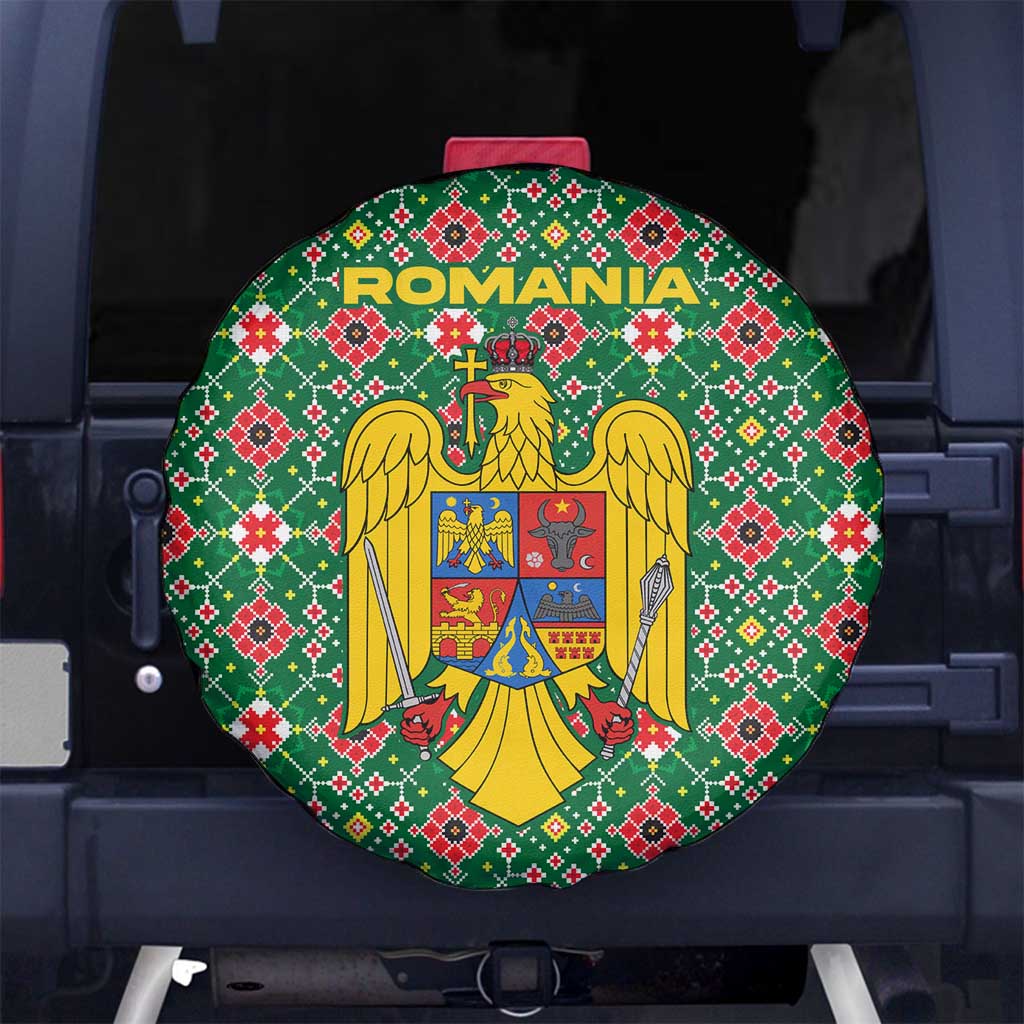 Romania Christmas Spare Tire Cover with Green and Red Pattern Golden Eagle and Santa Motif - Wonder Print Shop