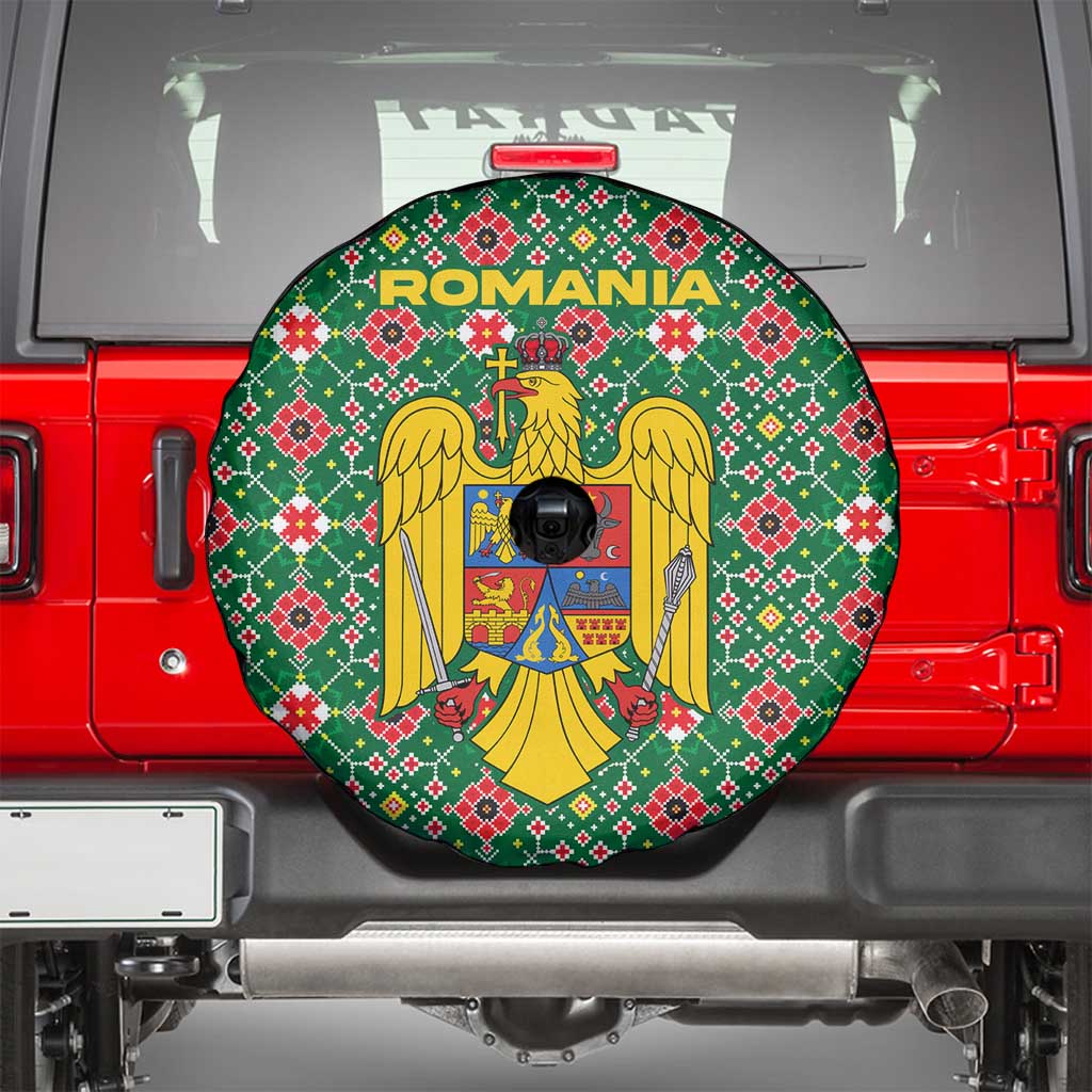 Romania Christmas Spare Tire Cover with Green and Red Pattern Golden Eagle and Santa Motif - Wonder Print Shop