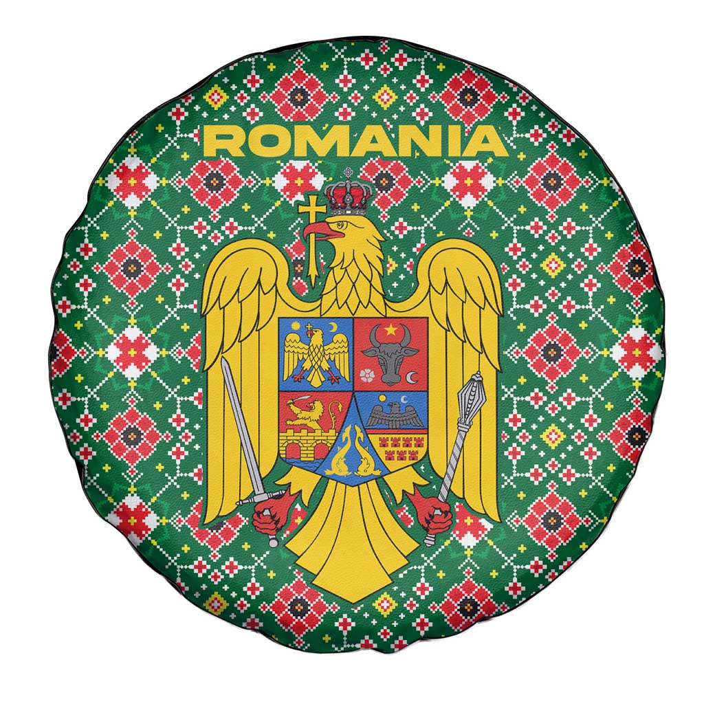 Romania Christmas Spare Tire Cover with Green and Red Pattern Golden Eagle and Santa Motif - Wonder Print Shop