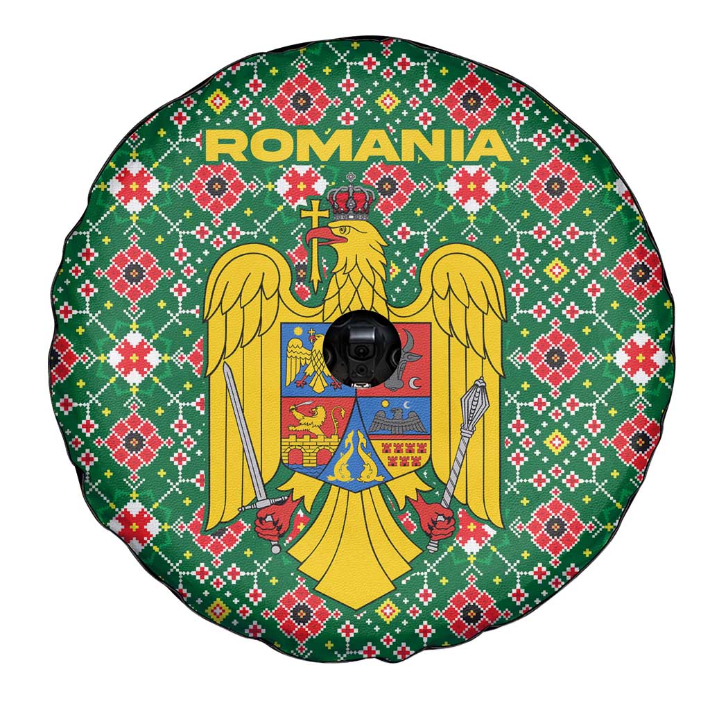 Romania Christmas Spare Tire Cover with Green and Red Pattern Golden Eagle and Santa Motif - Wonder Print Shop