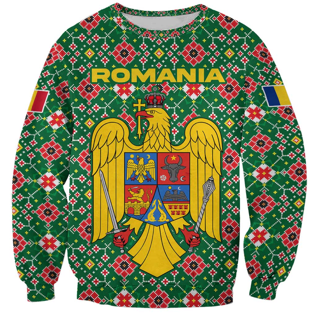 Romania Christmas Sweatshirt with Green and Red Pattern Golden Eagle and Santa Motif - Wonder Print Shop