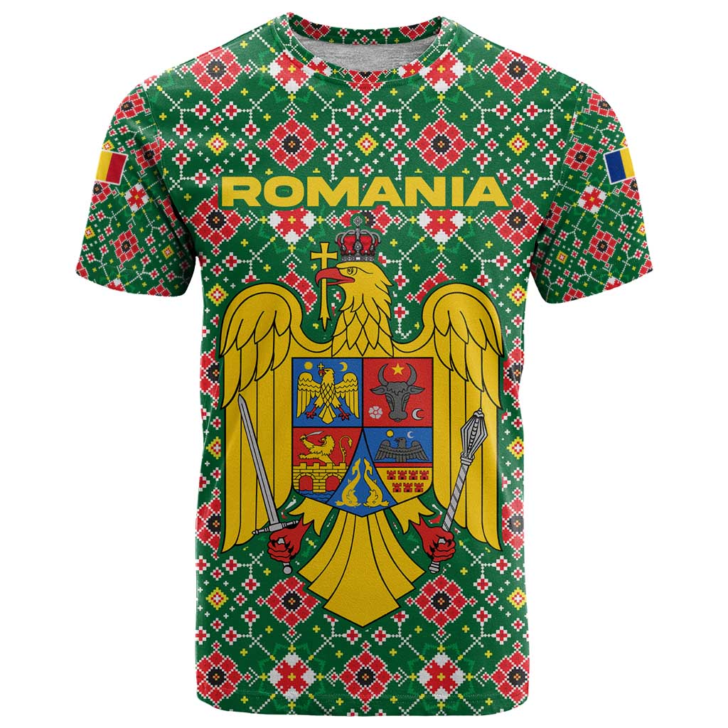 Romania Christmas T Shirt with Green and Red Pattern Golden Eagle and Santa Motif - Wonder Print Shop