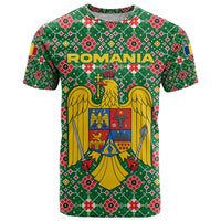 Romania Christmas T Shirt with Green and Red Pattern Golden Eagle and Santa Motif - Wonder Print Shop