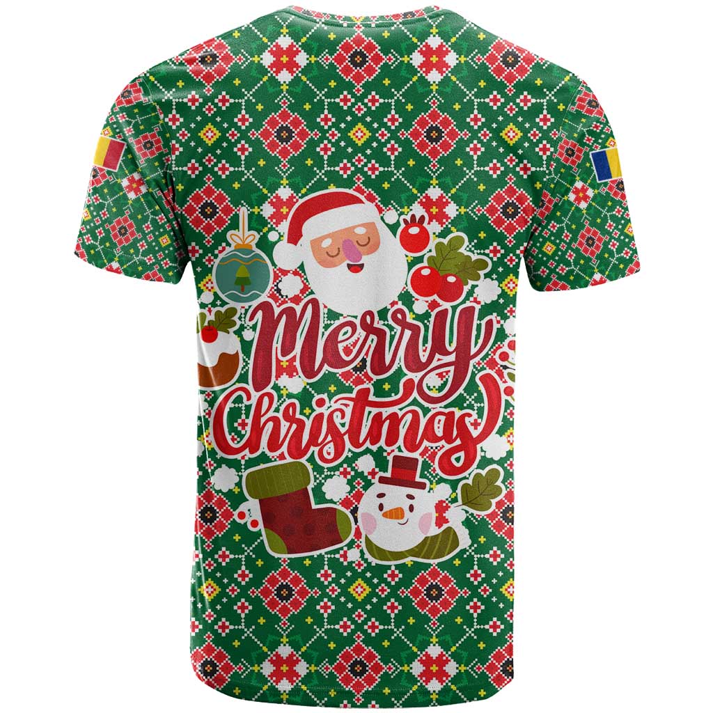 Romania Christmas T Shirt with Green and Red Pattern Golden Eagle and Santa Motif - Wonder Print Shop