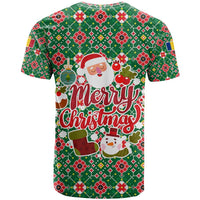 Romania Christmas T Shirt with Green and Red Pattern Golden Eagle and Santa Motif - Wonder Print Shop