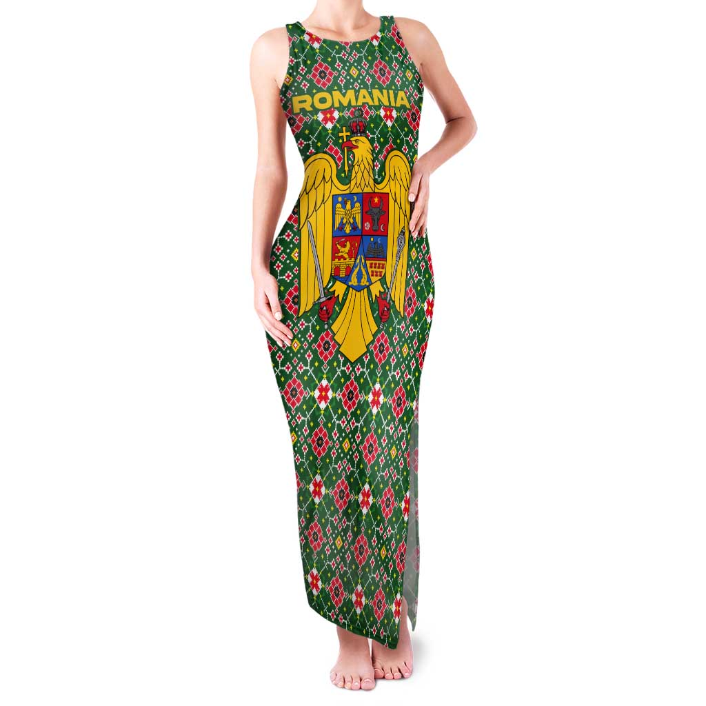 Romania Christmas Tank Maxi Dress with Green and Red Pattern Golden Eagle and Santa Motif - Wonder Print Shop