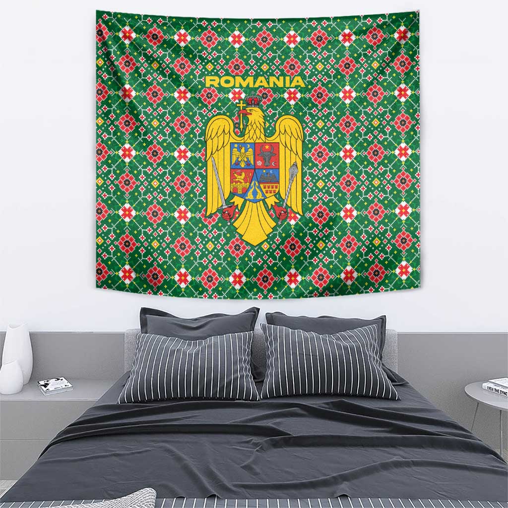 Romania Christmas Tapestry with Green and Red Pattern Golden Eagle and Santa Motif - Wonder Print Shop